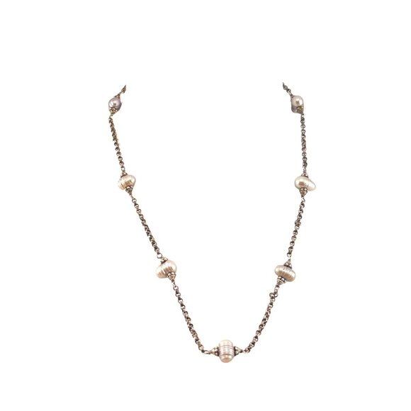 Elegant Sterling Silver Cultured Freshwater Pearl Necklace 16 inch Handcrafted - Picture 1 of 9